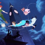 Peter Pan, Tinker Bell and the Darling children fly
