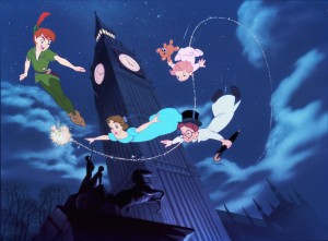 Peter Pan, Tinker Bell and the Darling children fly