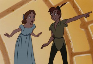 Wendy and Peter Pan stop on Big Ben's clock