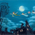 Peter Pan, Tinker Bell and the Darling children fly over the hou