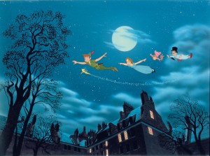 Peter Pan, Tinker Bell and the Darling children fly over the hou