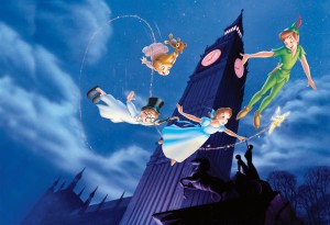 Peter Pan and the Darling children fly by Big Ben