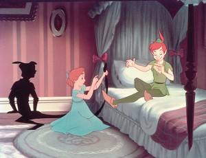 Wendy sewing Peter Pan's shadow back on